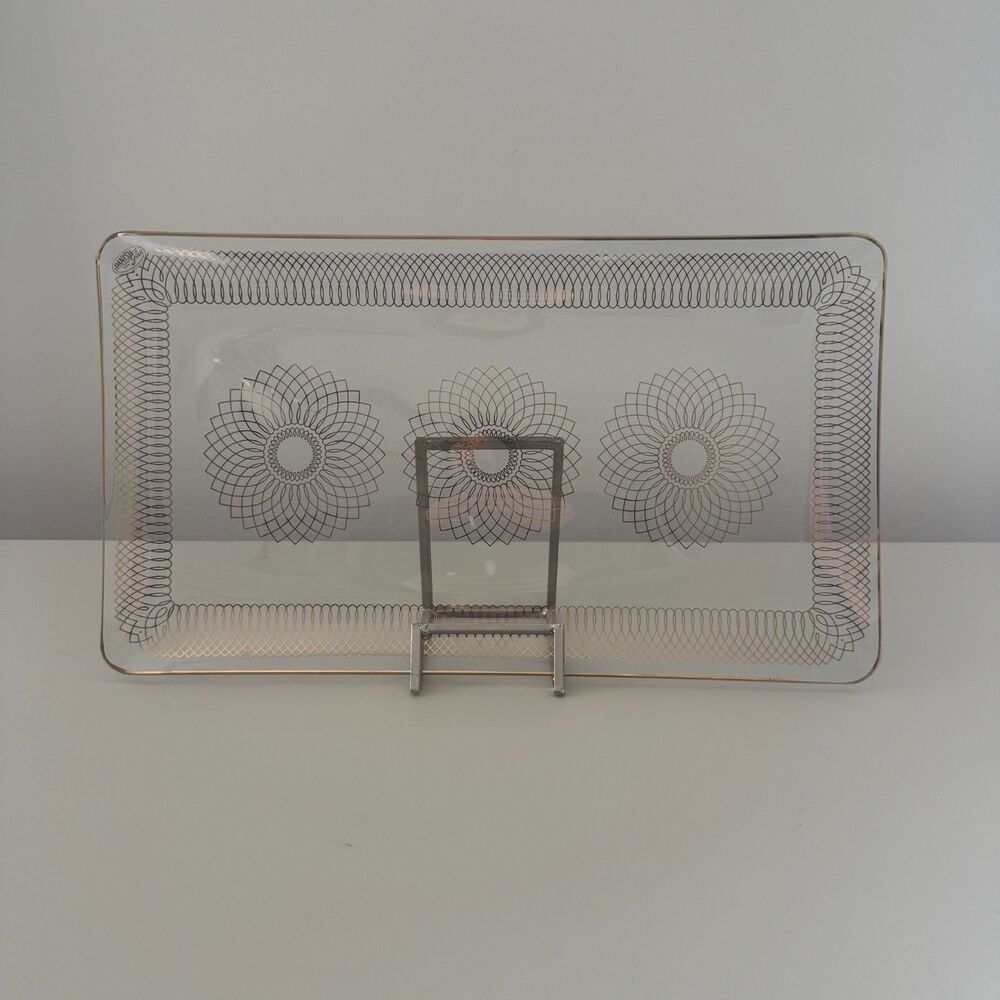 Vintage Danish Glass Serving Tray – Gold Rim & Spirograph Floral Design – MCM